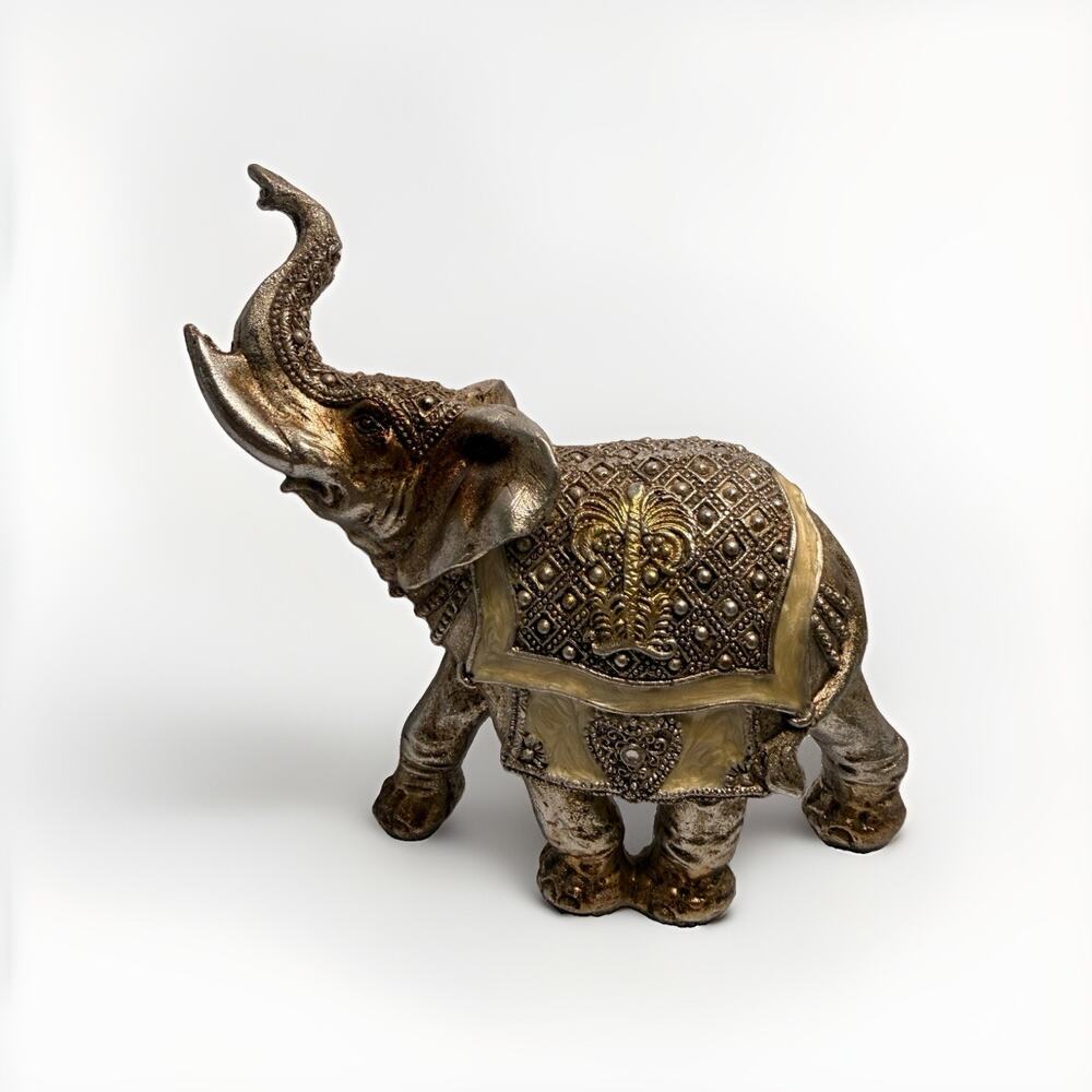 Vintage Feng Shui Resin With Enamel Elephant Sculpture Raised Trunk Gold 7”
